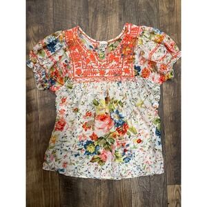 Sister Mary Womens Floral Embroidered Swiss Dot Puff Sleeve Boho Blouse White S